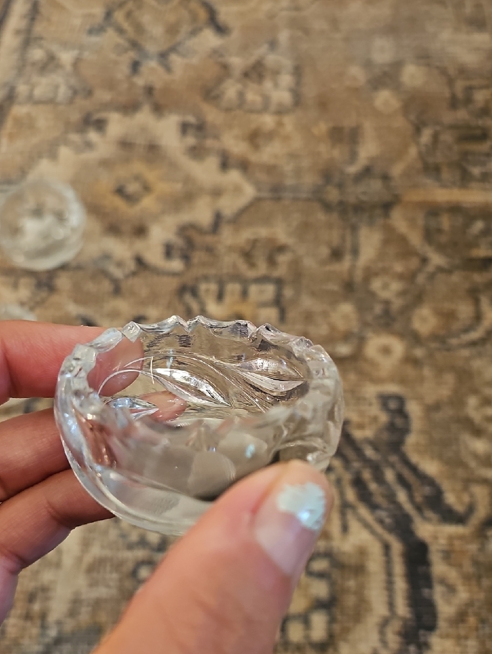 SALE! Set of 5 Glass Open Salt Cellars, Etched Floral And Sawtooth Rim - Picture 16 of 16